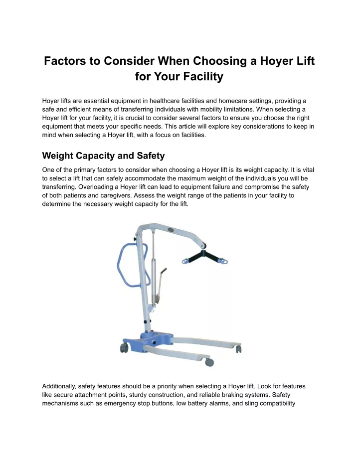 factors to consider when choosing a hoyer lift