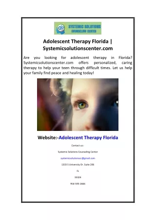 Adolescent Therapy Florida  Systemicsolutionscenter.com