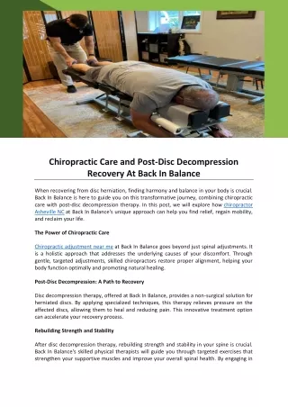 Chiropractic Care and Post-Disc Decompression Recovery At Back In Balance