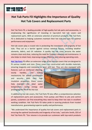 Hot Tub Parts FD Highlights the Importance of Quality Hot Tub Covers and Replacement Parts