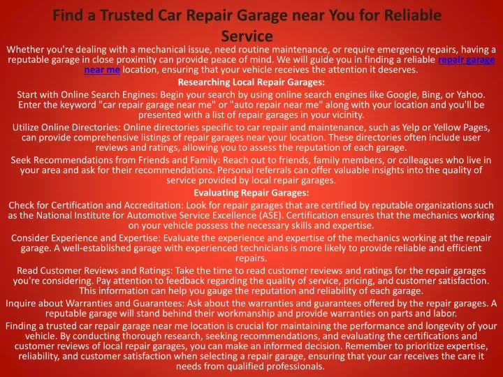 find a trusted car repair garage near you for reliable service