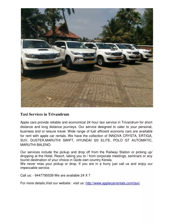taxi services in trivandrum apple cars provide