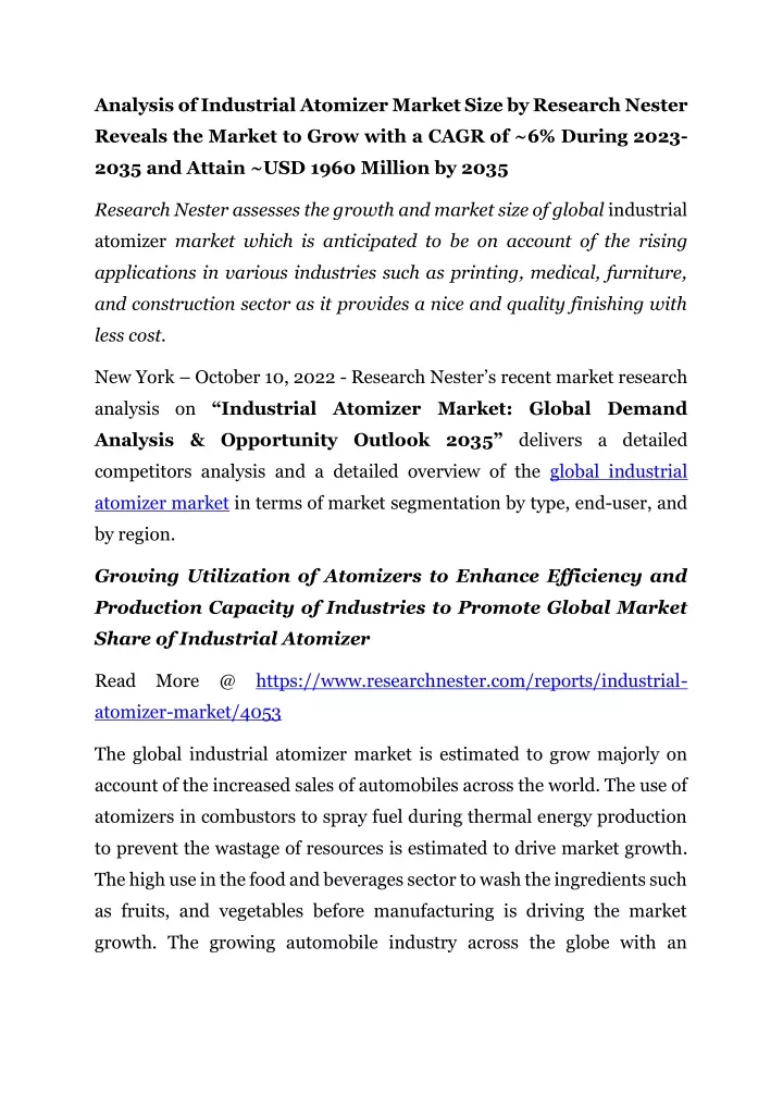 analysis of industrial atomizer market size