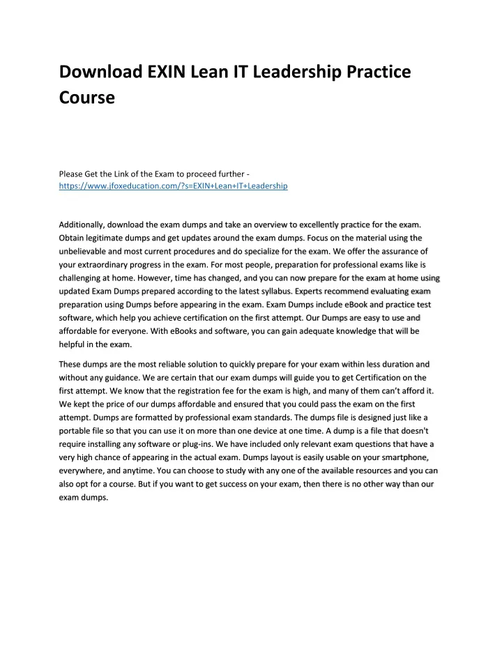 download exin lean it leadership practice course