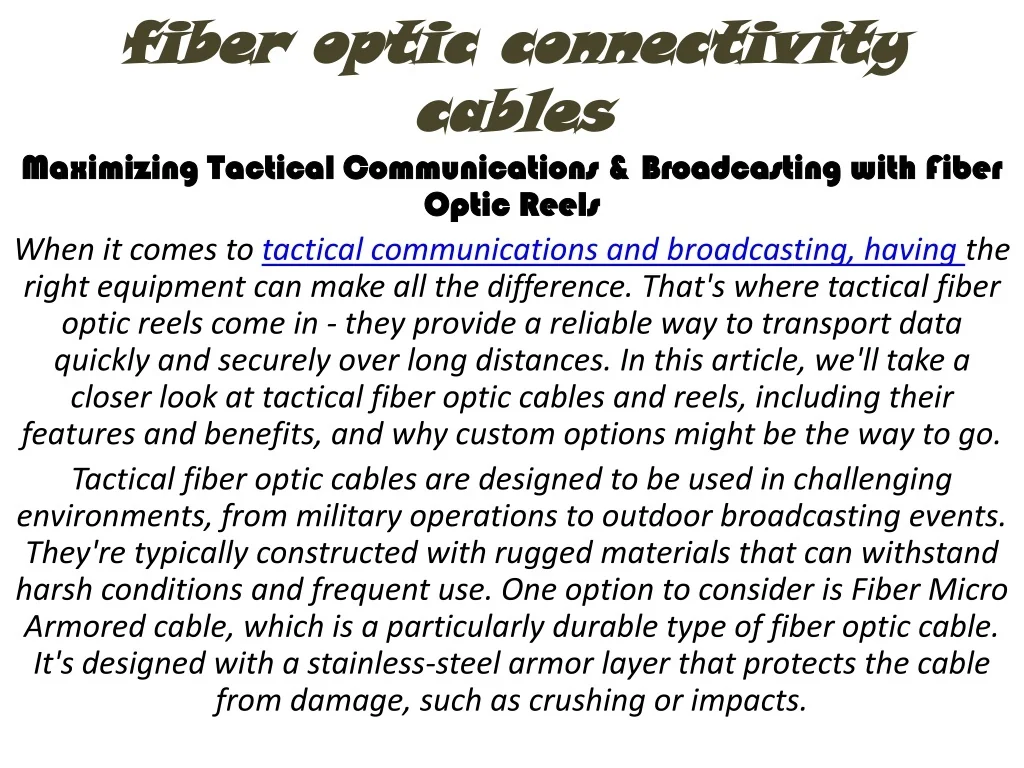 PPT - fiber optic connectivity cables PowerPoint Presentation, free ...