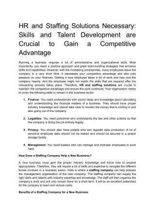 HR and Staffing Solutions Necessary: Skills and Talent Development are Crucial to Gain a Competitive Advantage