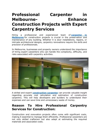 Professional Carpenter in Melbourne- Enhance Construction Projects with Expert Carpentry Services