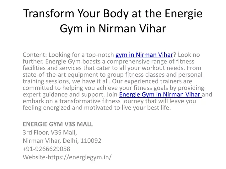 transform your body at the energie gym in nirman vihar