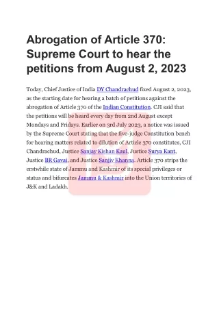 Abrogation of Article 370: Supreme Court to hear the petitions from August 2, 20