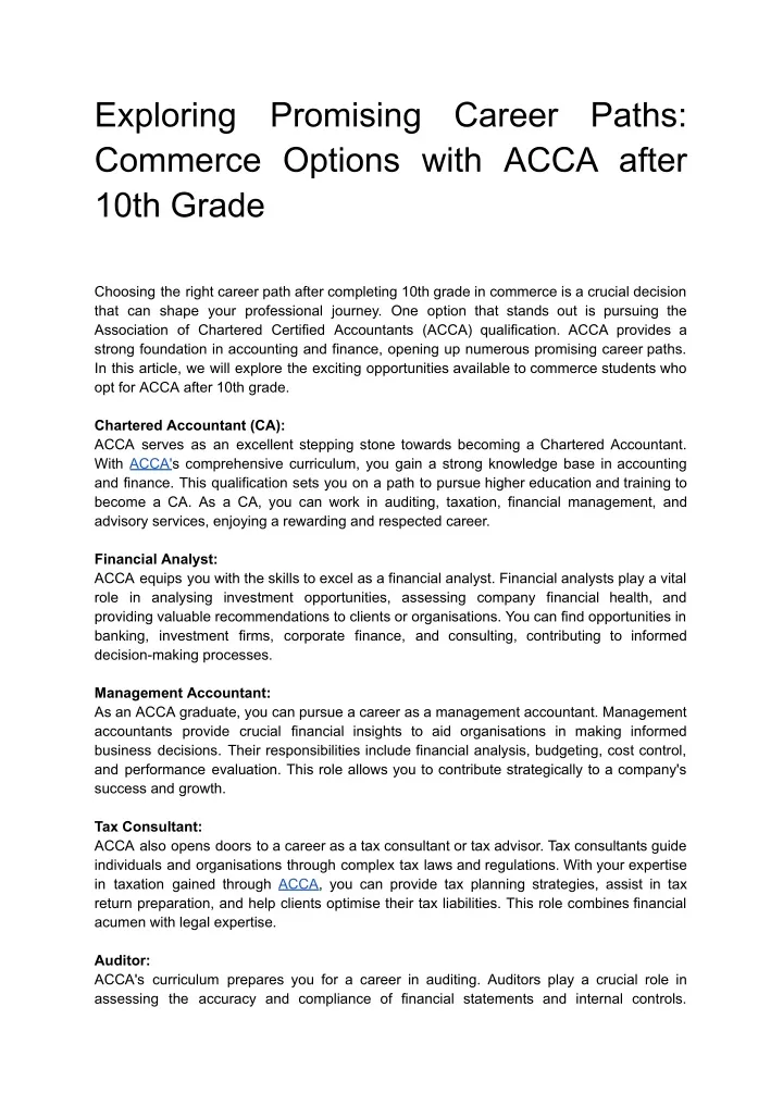 exploring commerce options with acca after 10th