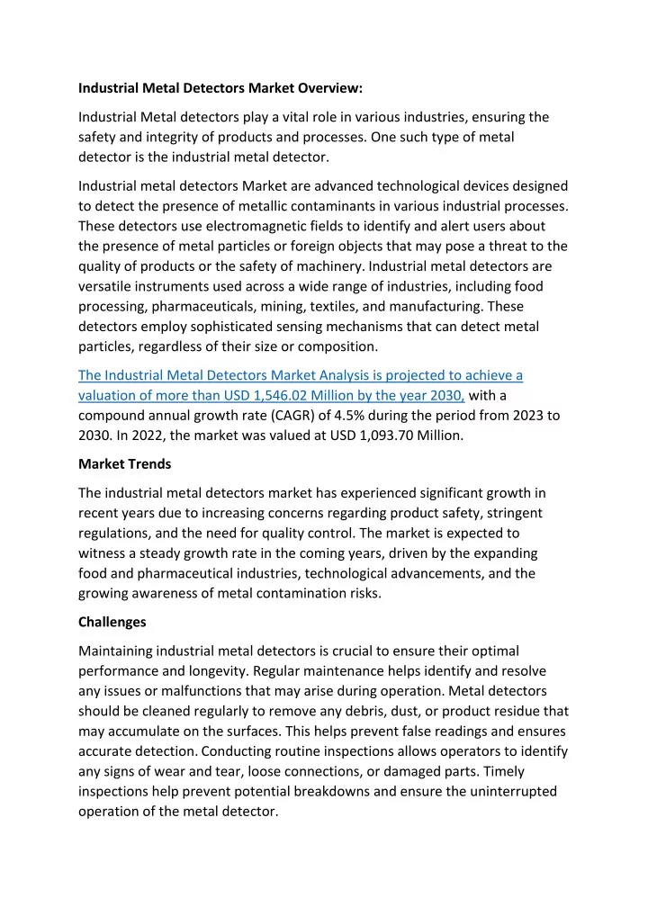 industrial metal detectors market overview