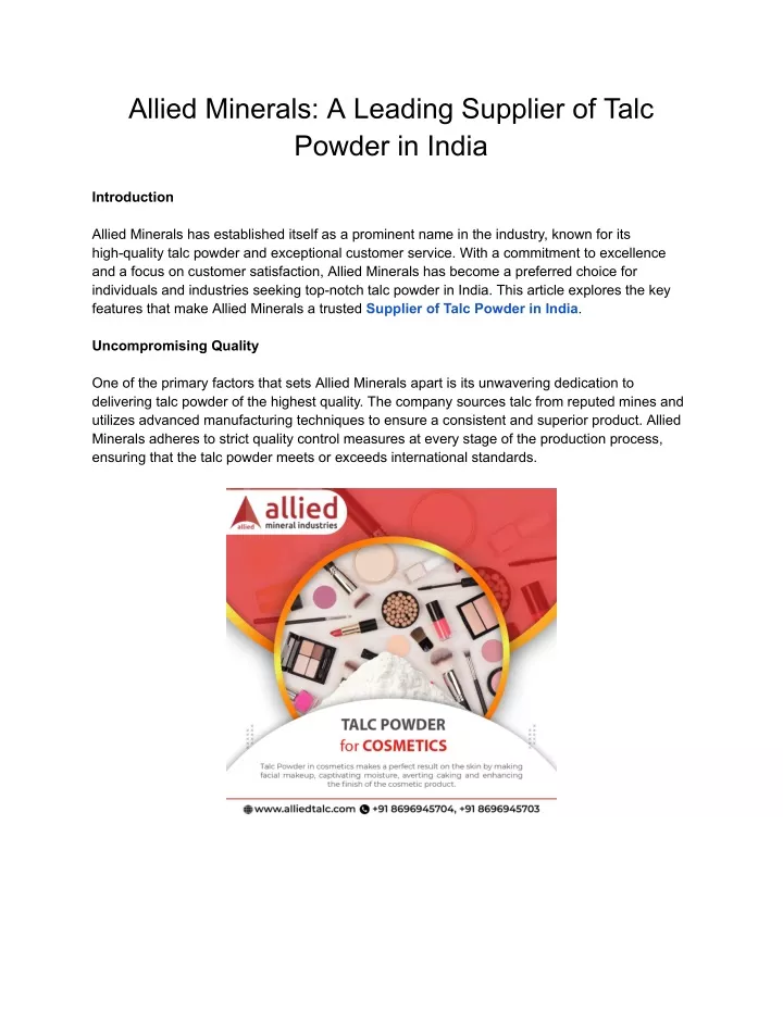allied minerals a leading supplier of talc powder