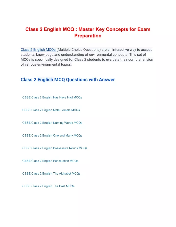 class 2 english mcq master key concepts for exam