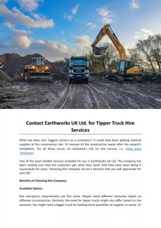 Contact Earthworks UK Ltd. for Tipper Truck Hire Services