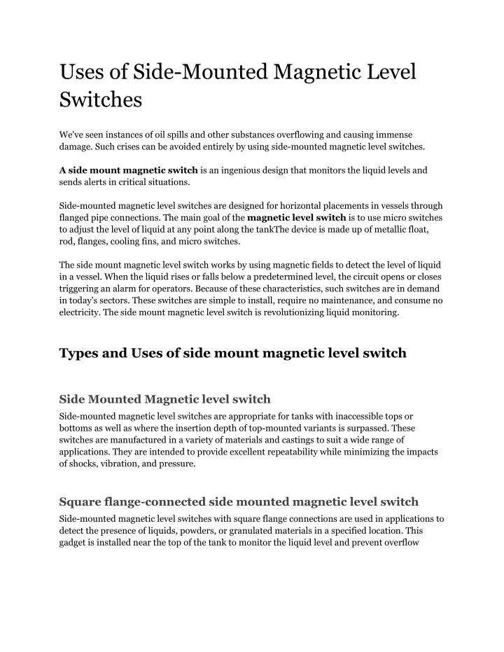 uses of side mounted magnetic level switches