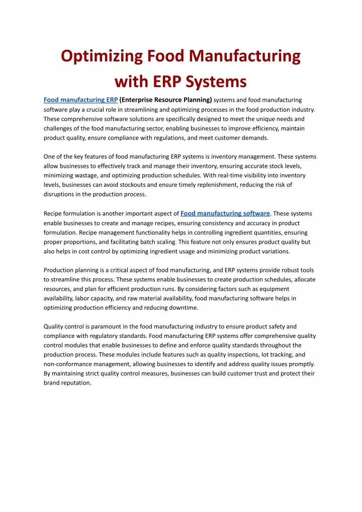 optimizing food manufacturing with erp systems