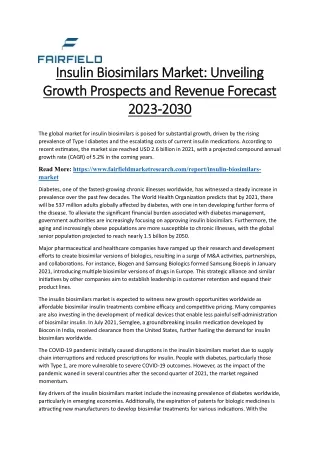 Insulin Biosimilars Market Unveiling Growth Prospects and Revenue Forecast 2023-2030