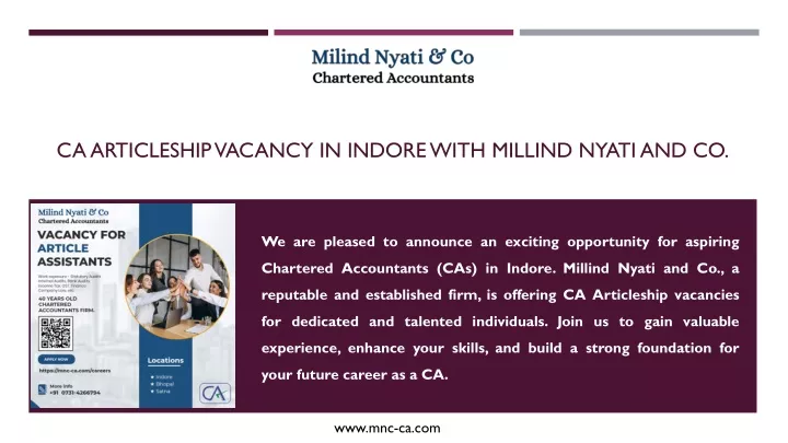 ca articleshipvacancy in indore with millind