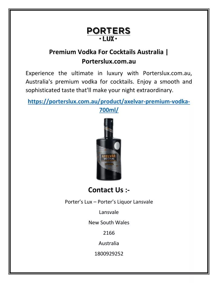 premium vodka for cocktails australia porterslux