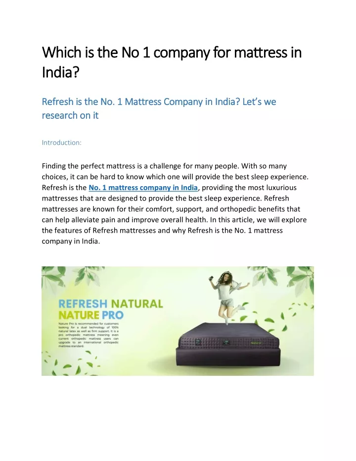 which is the no 1 company for mattress in which