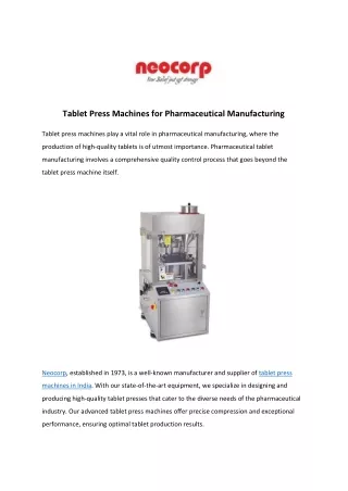 Tablet Press Machines for Pharmaceutical Manufacturing