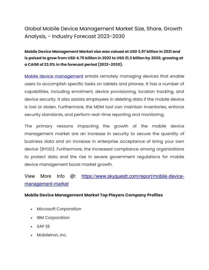 global mobile device management market size share