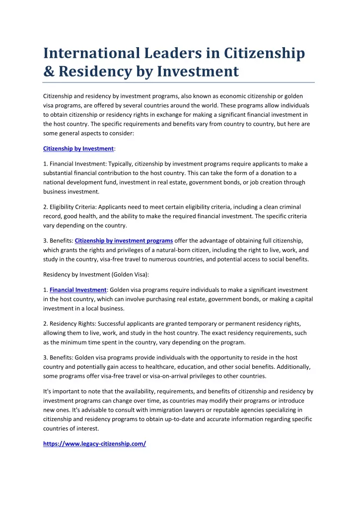 international leaders in citizenship residency