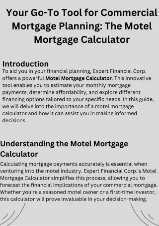 Your Go-To Tool for Commercial Mortgage Planning The Motel Mortgage Calculator