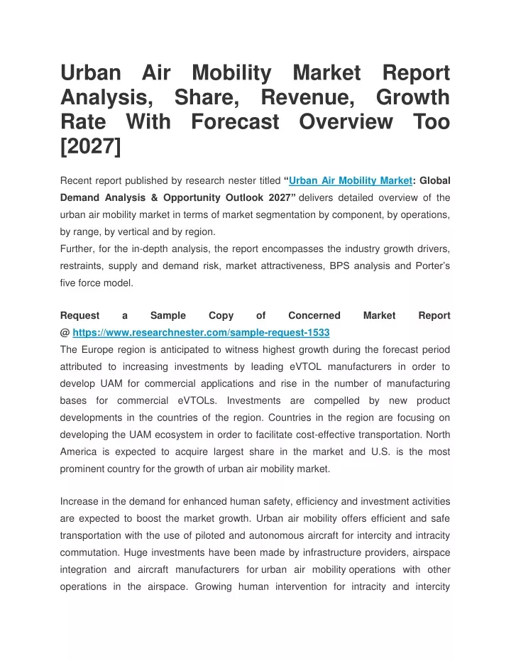 urban air mobility market report analysis share