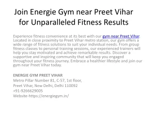 Join Energie Gym near Preet Vihar for Unparalleled