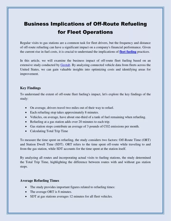 business implications of off route refueling