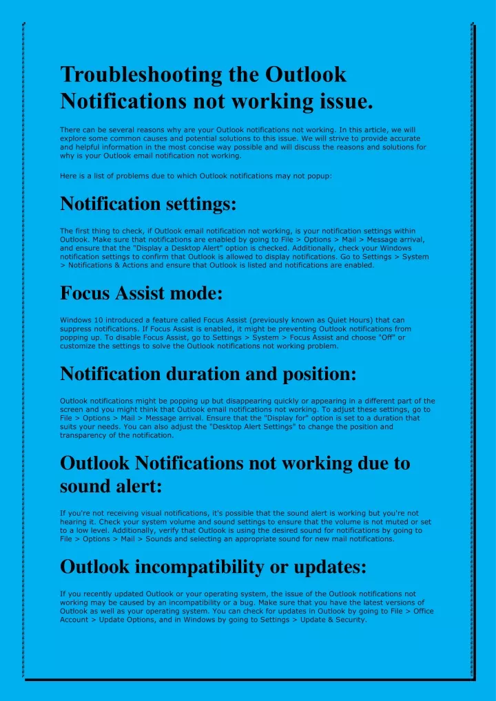 troubleshooting the outlook notifications