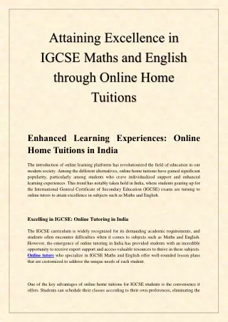 Attaining Excellence in IGCSE Maths and English through Online Home Tuitions