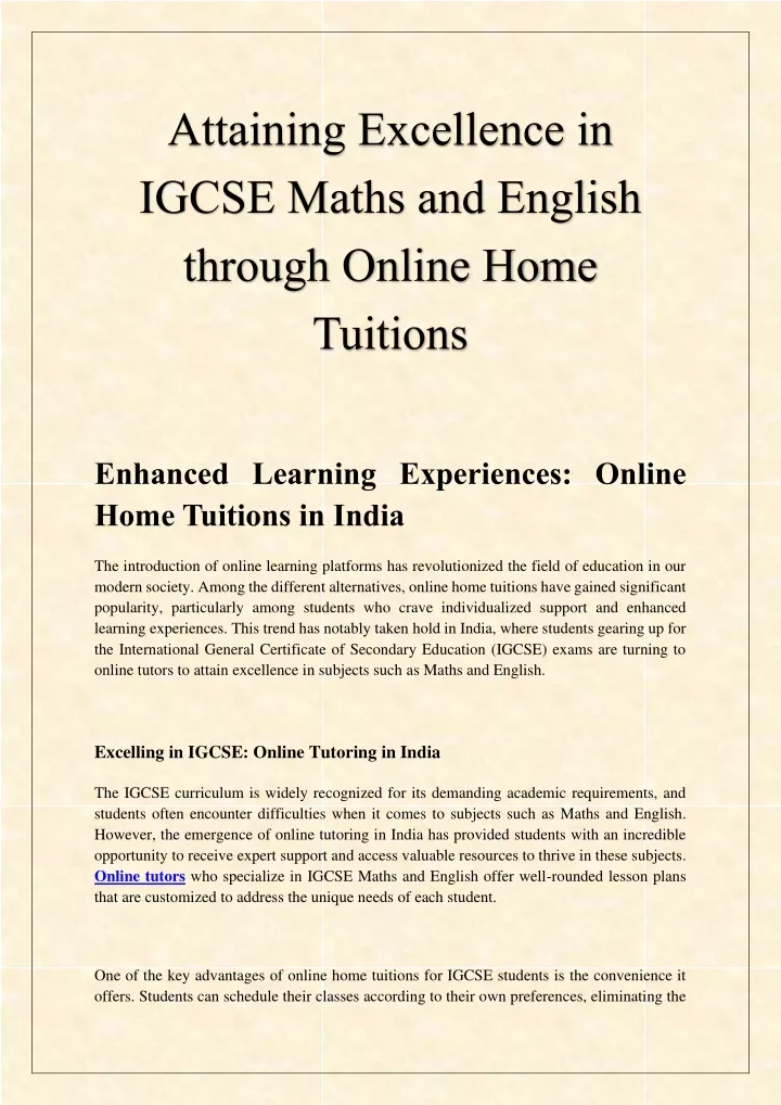 attaining excellence in igcse maths and english