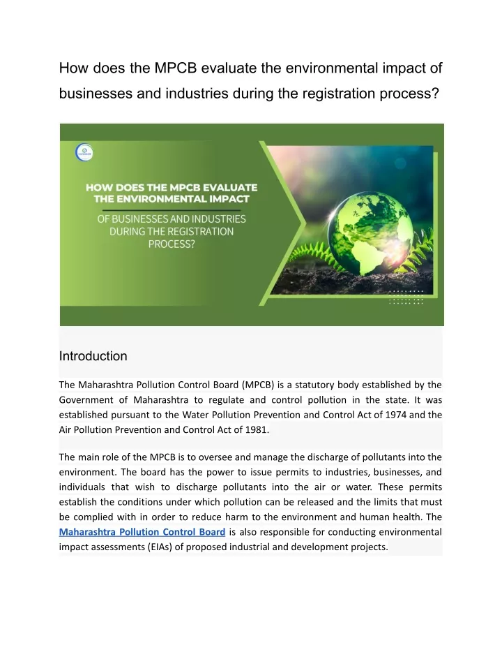 how does the mpcb evaluate the environmental