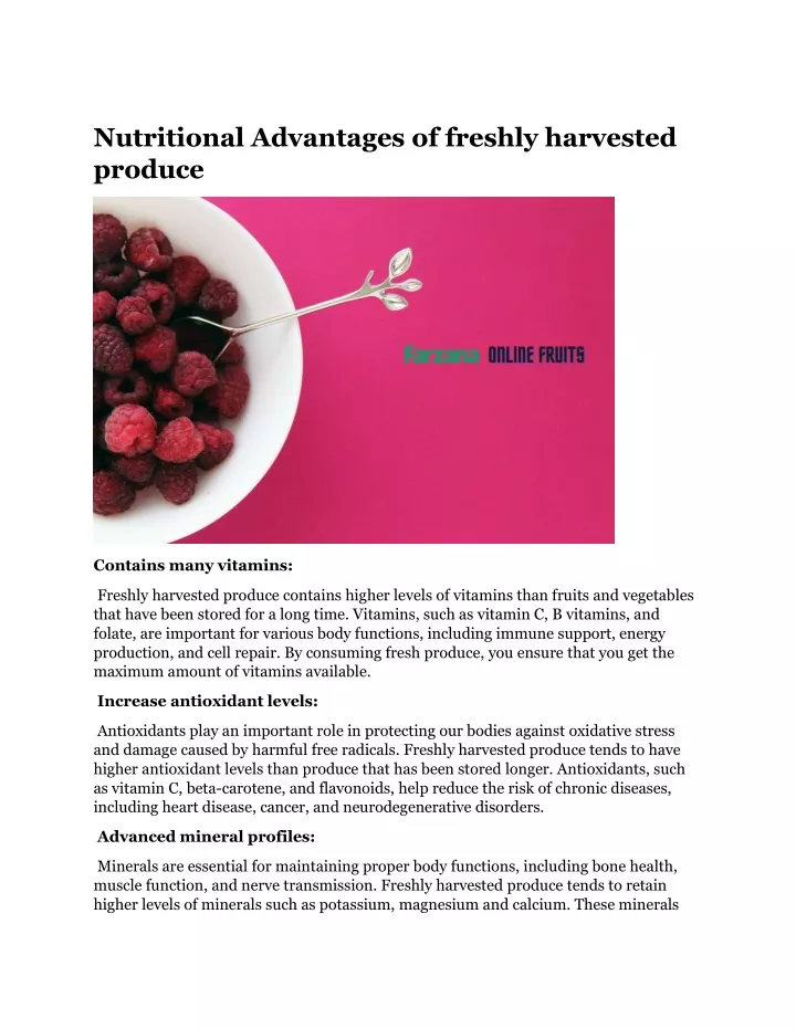 nutritional advantages of freshly harvested