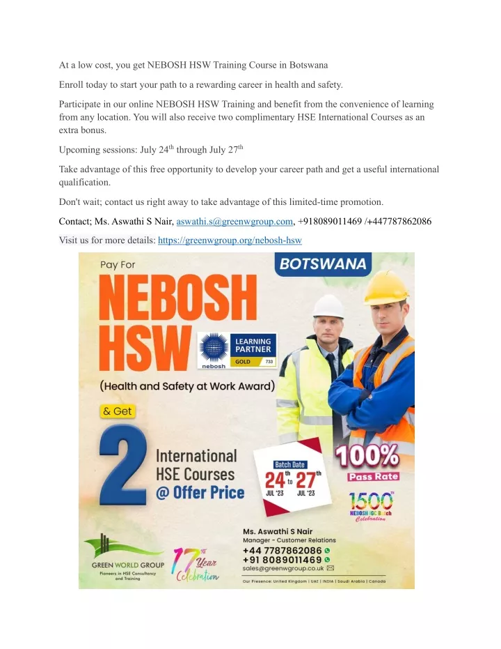 at a low cost you get nebosh hsw training course