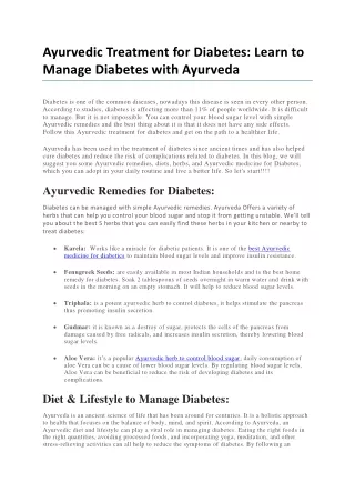 Ayurvedic Treatment for Diabetes Learn to Manage Diabetes with Ayurveda