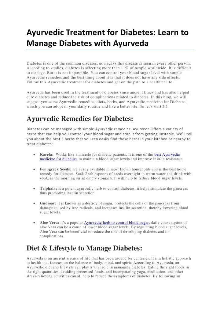 ayurvedic treatment for diabetes learn to manage