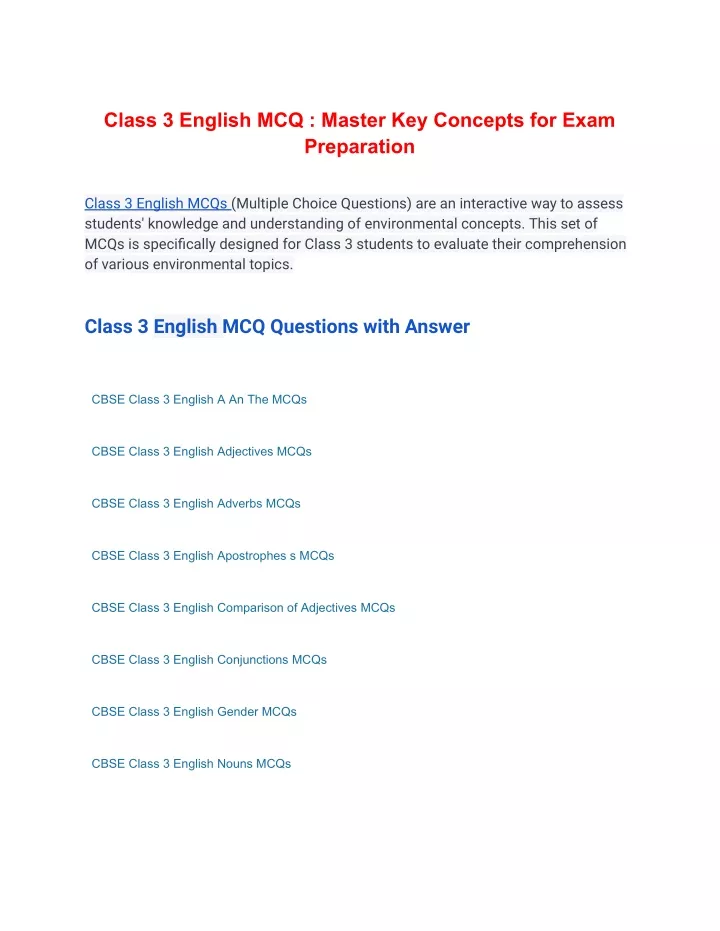 class 3 english mcq master key concepts for exam