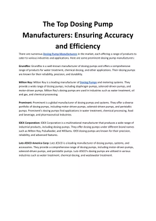 The Top Dosing Pump Manufacturers: Ensuring Accuracy and Efficiency