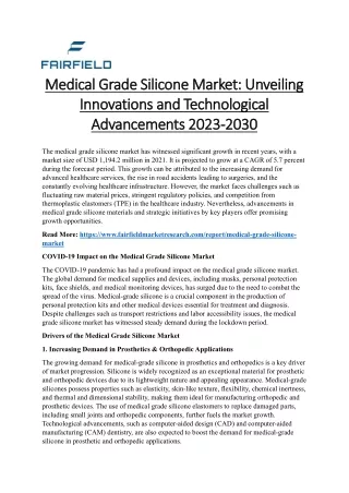 Medical Grade Silicone Market Unveiling Innovations and Technological Advancements 2023-2030
