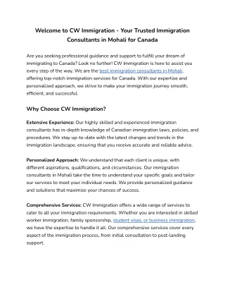 Welcome to CW Immigration - Your Trusted Immigration Consultants in Mohali for Canada