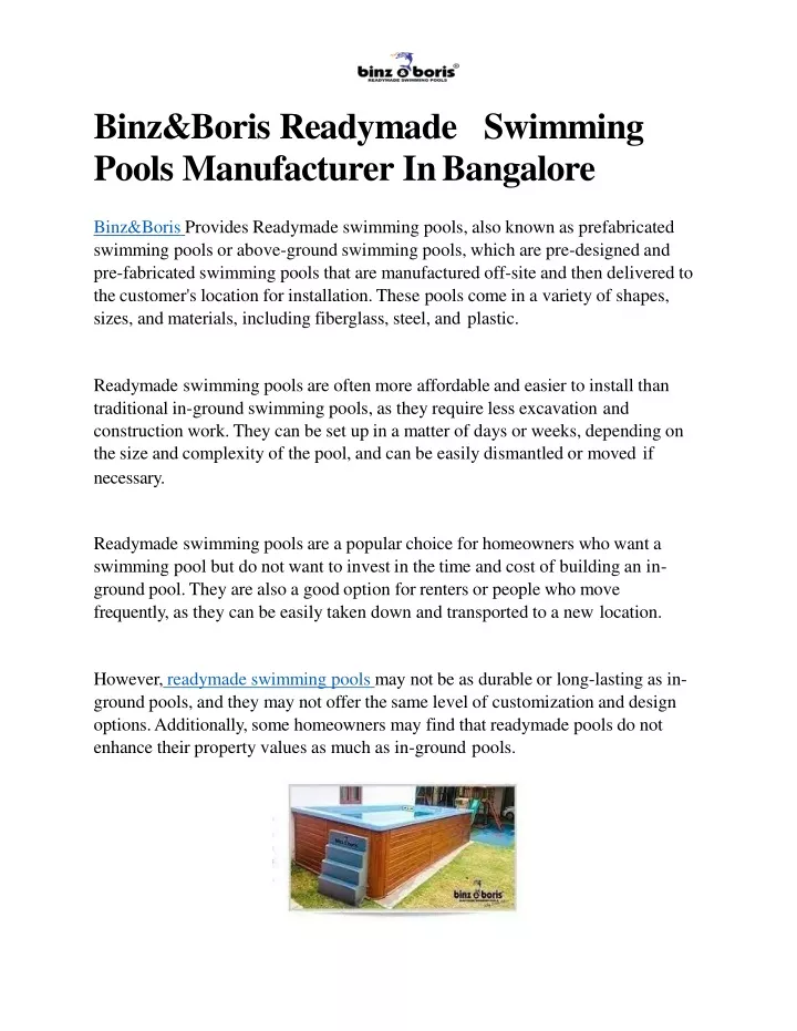 b i n z b o r i s r e a d y m a d e s wi mm i n g pools manufacturer in bangalore