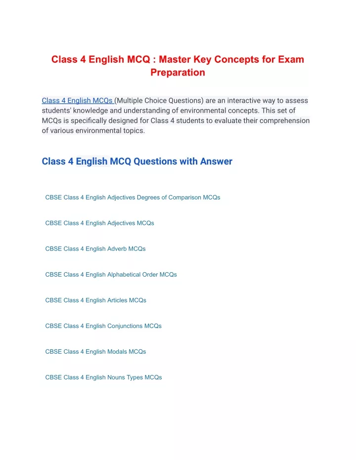class 4 english mcq master key concepts for exam