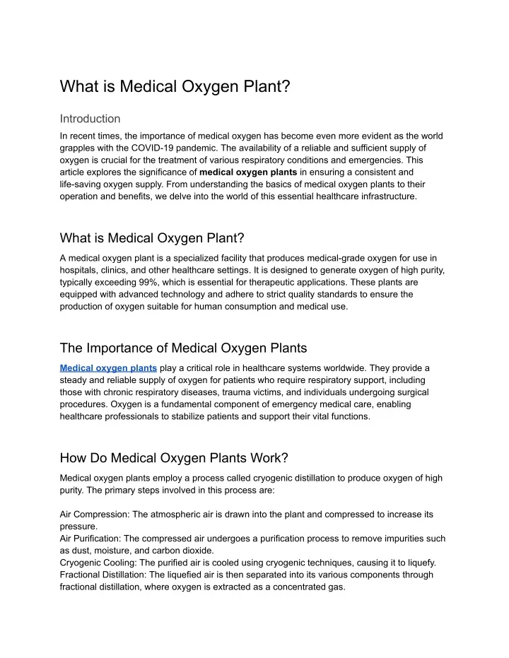 what is medical oxygen plant