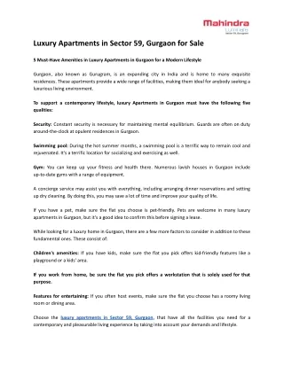 luxury apartments in sector 59 gurgaon for sale