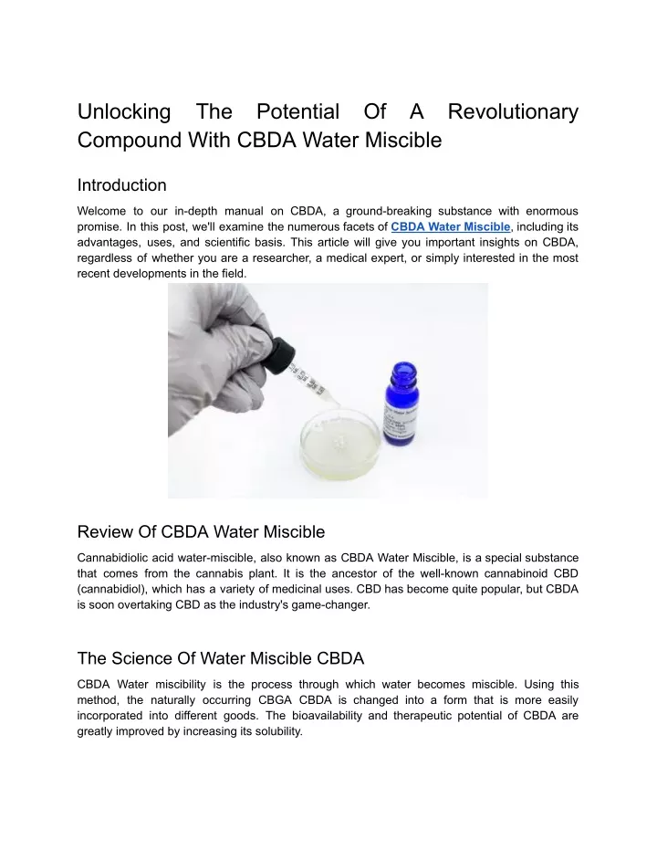 unlocking compound with cbda water miscible