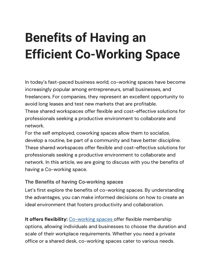 benefits of having an efficient co working space