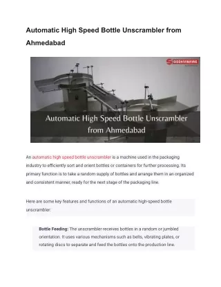 Automatic High Speed Bottle Unscrambler from Ahmedabad